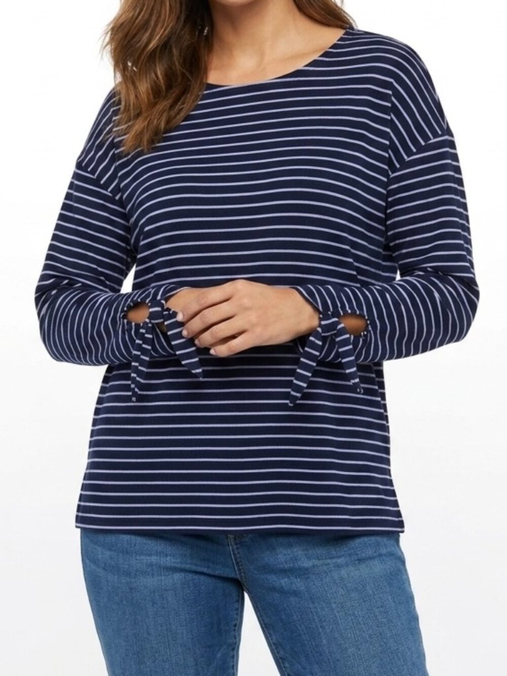 Loft Women's Top S Navy Blue Striped Tie Long Sleeve Slit Hem Tunic T-Shirt
